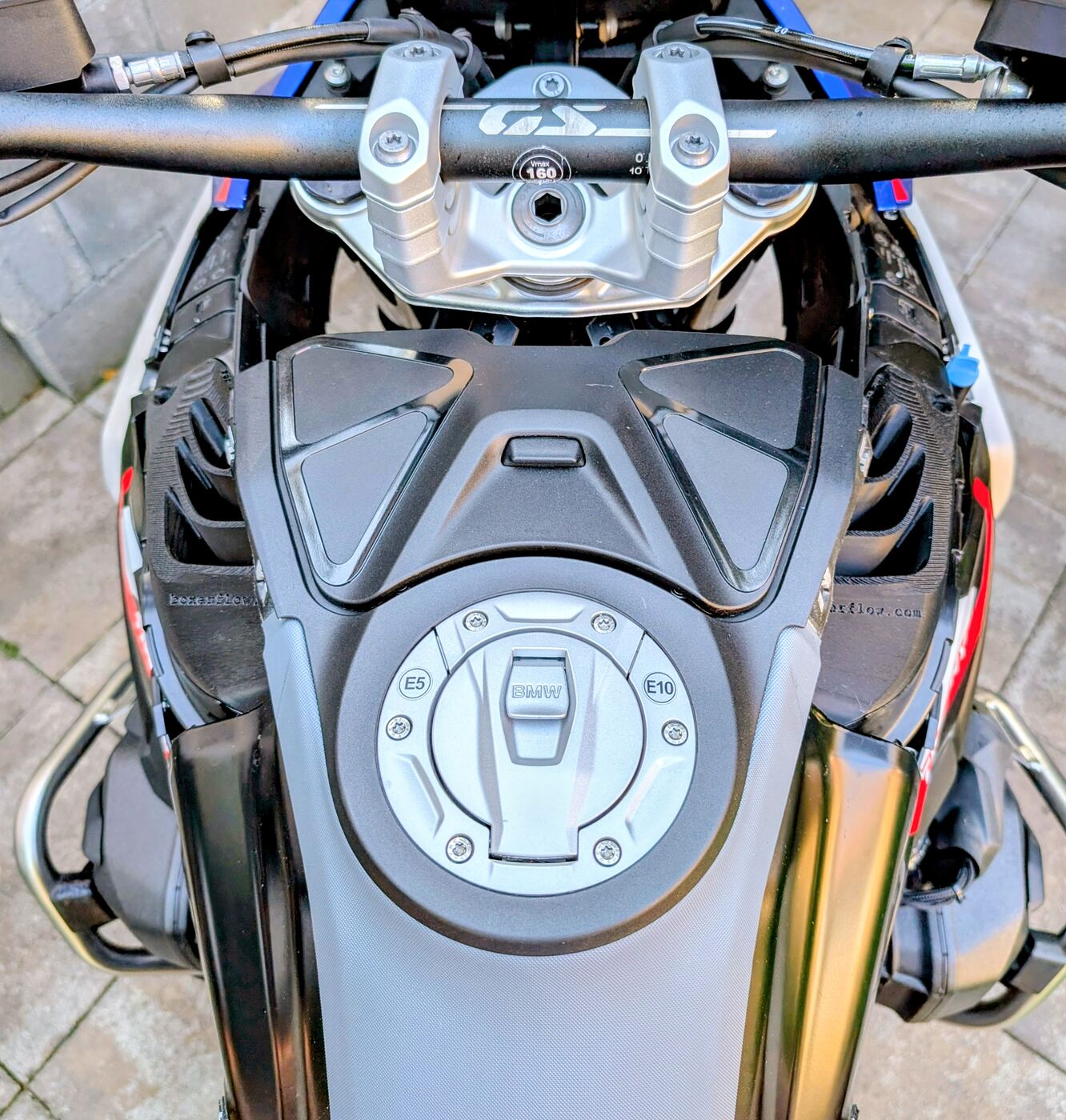 BoxerFlow Rally Intake covers fitted to a BMW R 1300 GS shown with the crash bars and fuel filler cap, viewed from above the tank.